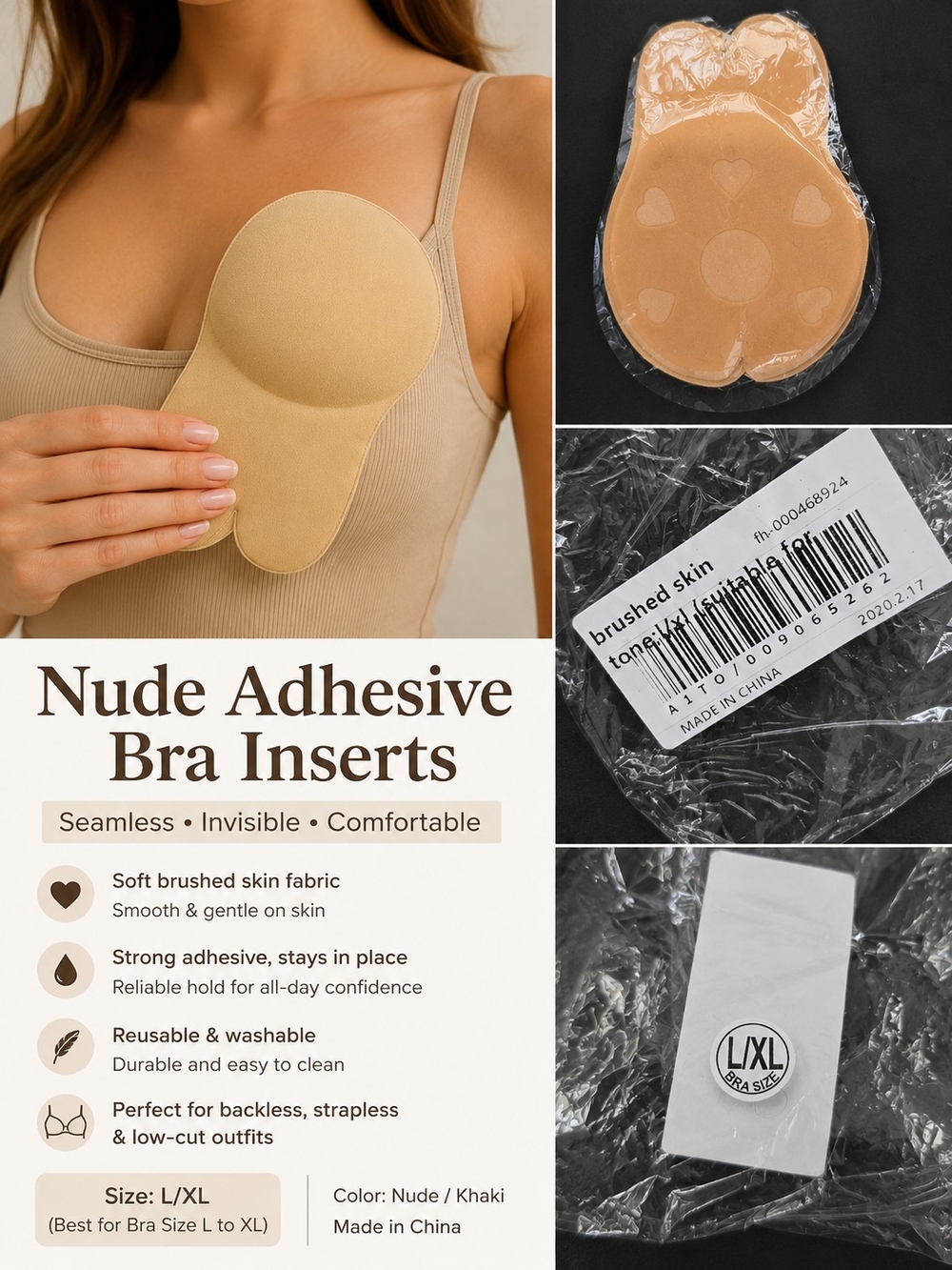 Nude Adhesive Bra Inserts - Reusable Sticky Cups